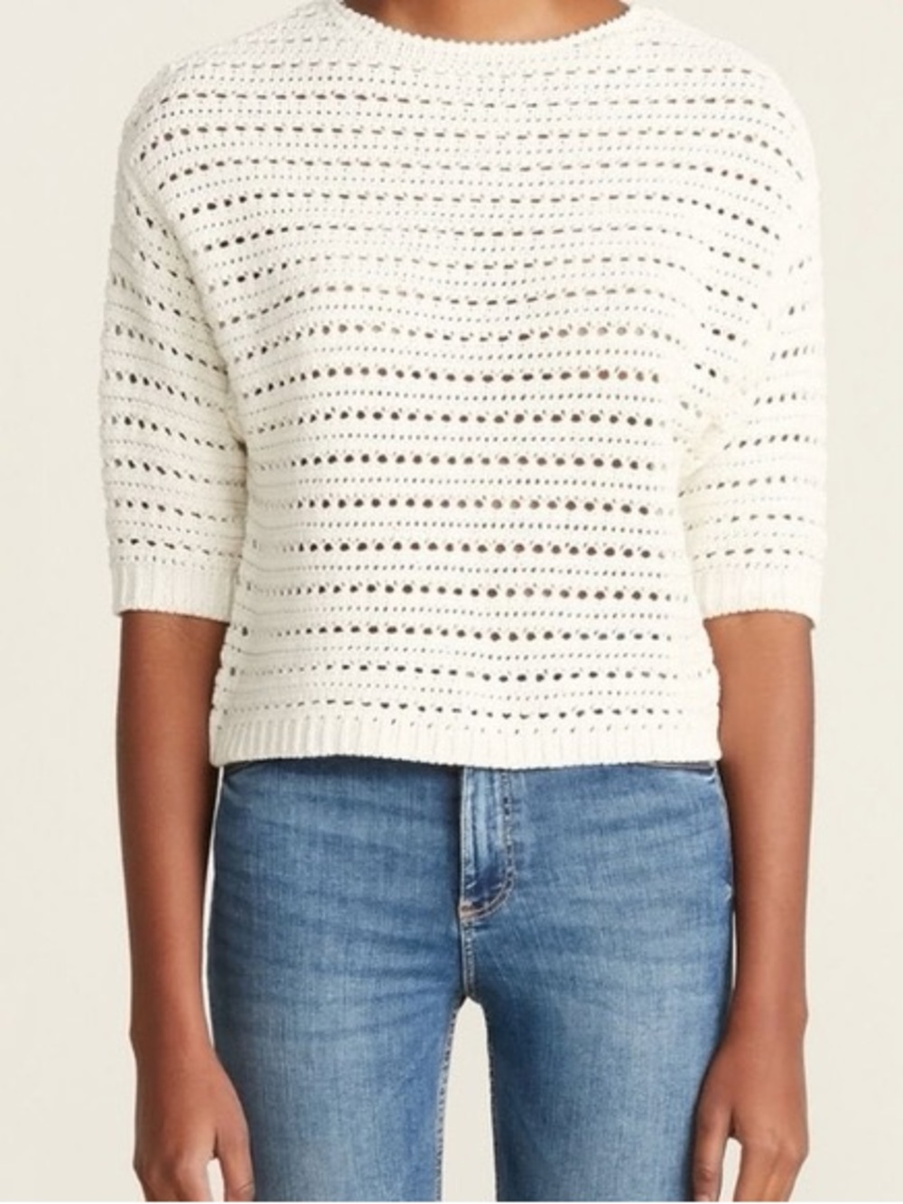 Magaschoni 3/4 Length Sleeve Sweater White Loose Knit Cozy Large
